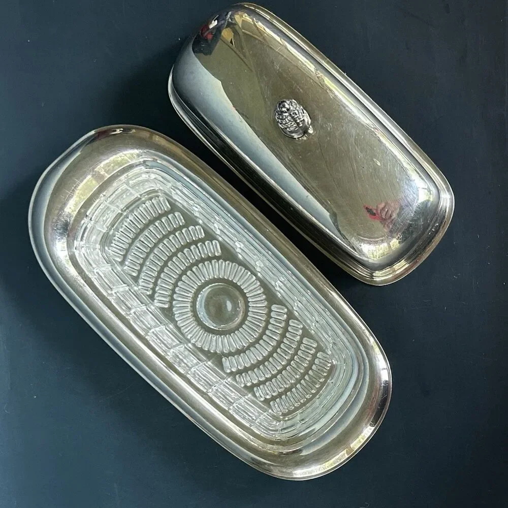 Vintage Silverplate, Butter Dish Elegant Patterned Pineapple Top, Glass insert